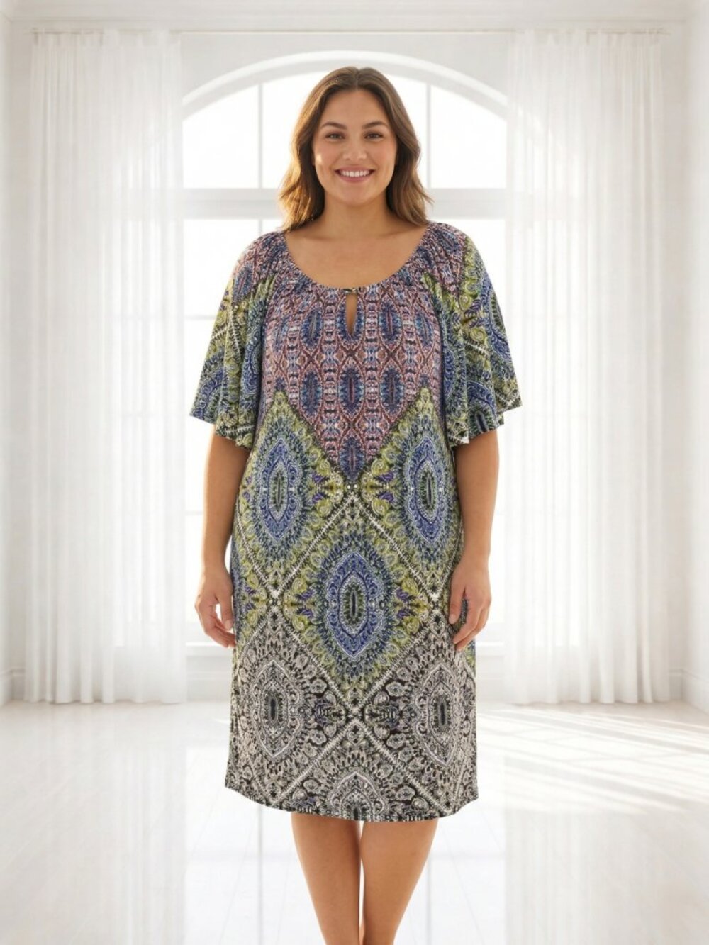 Chelsea & Theodore Multicolor Patterned Scoop-Neck Dress